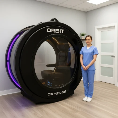 Orbit in Clinic with Nurse Standing next to it mild HBOT Clinic Training